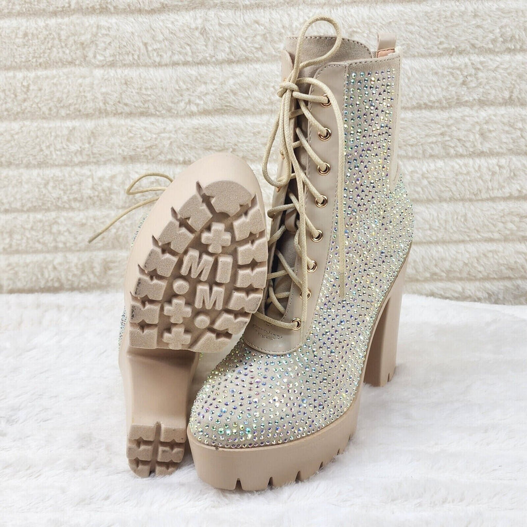 Barri Nude Beige Cream Rhinestone Chunky Heel Platform Ankle Boots - Totally Wicked Footwear
