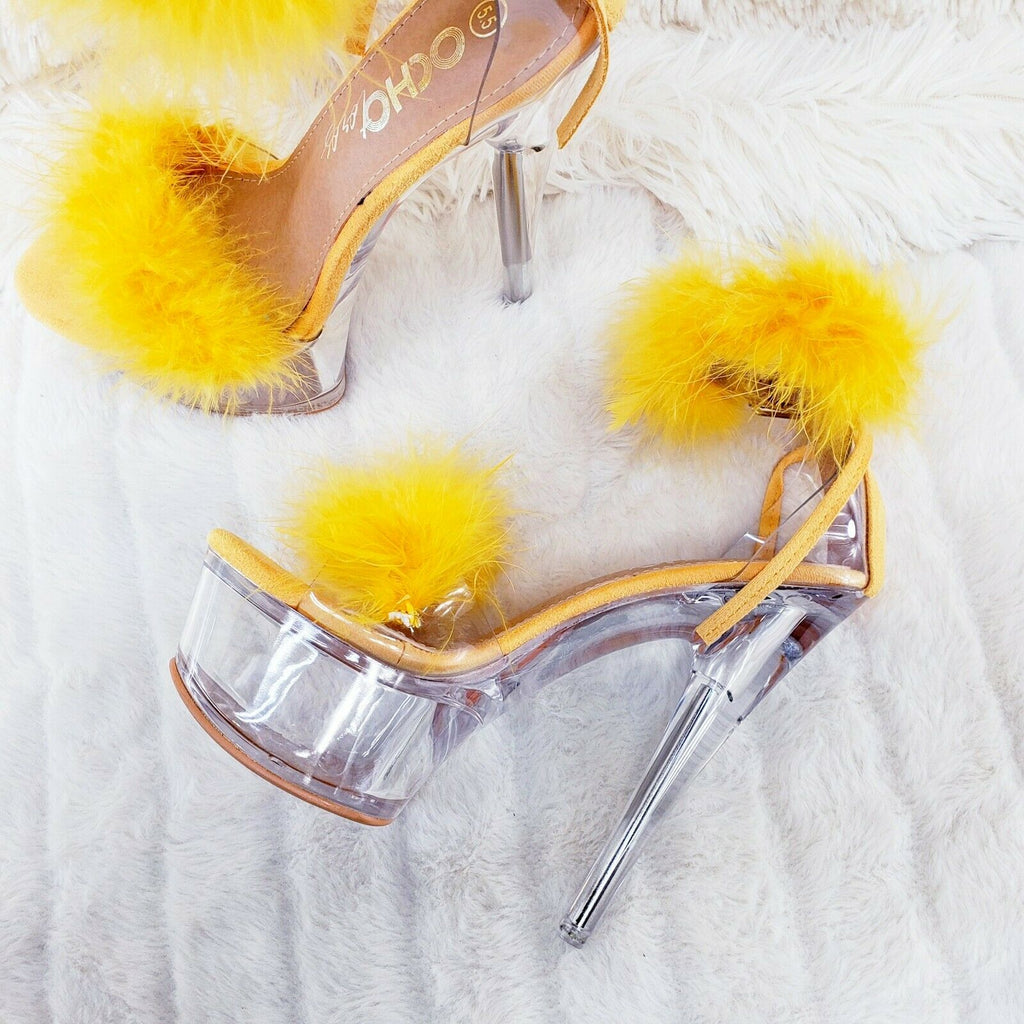 Yellow Marabou Feather Platform Shoes Sandals 6" High Heel Sandals Shoes - Totally Wicked Footwear