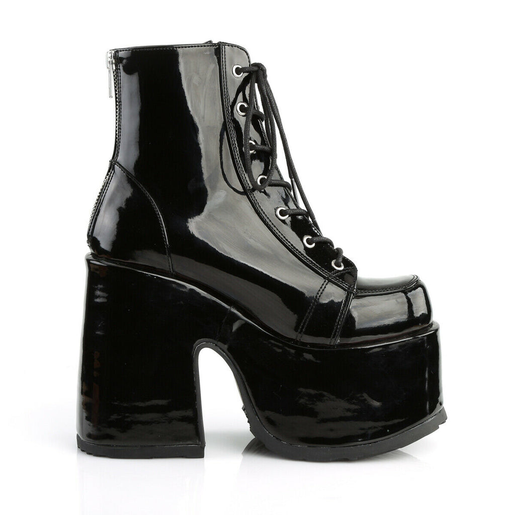 Demonia 203 Camel Stacked Black Patent Platform Goth Punk Ankle Boots RESTOCK NY - Totally Wicked Footwear