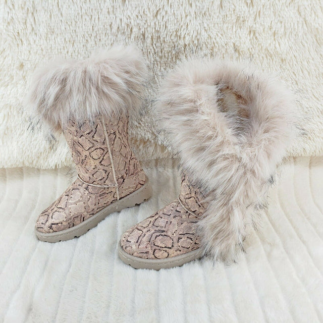 Chi Chi Tall Furry Snake Beige Faux Fur Lined Flat Winter Boots US Women's - Totally Wicked Footwear