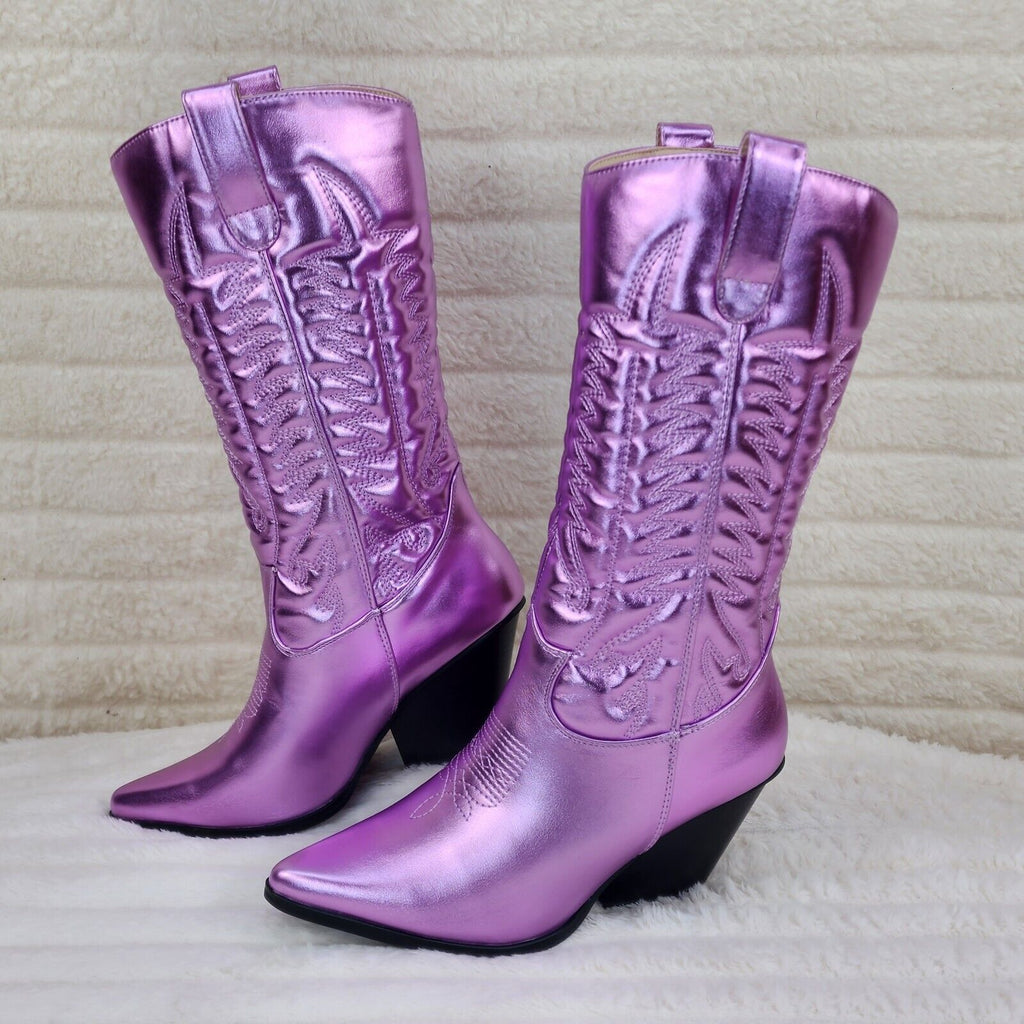 Disco Cowgirl Metallic Lilac Purple Cowboy Knee Boots Western Block Heels US - Totally Wicked Footwear