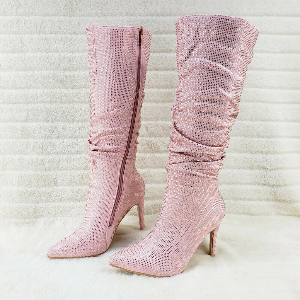 Sparkle Trend Pink Rhinestone Slouchy Scrunch High Heel Knee Boots - Totally Wicked Footwear