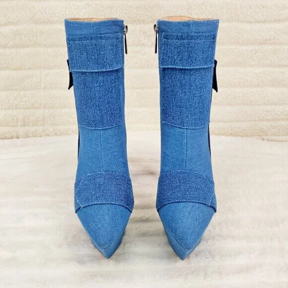 Kinder Pointy Toe Platform Stiletto Heel Ankle Boots Denim Patchwork - Totally Wicked Footwear