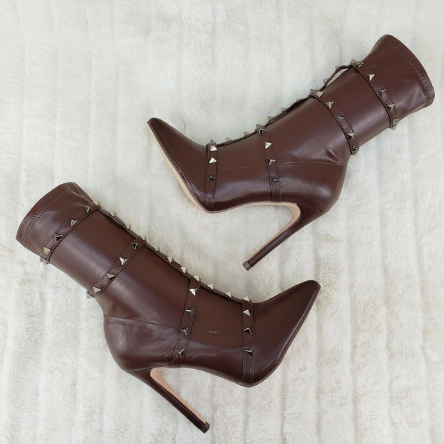 Mark Pyramid Stud Strap High Heel Pointy Toe Stretch Ankle Boots Mocha Brown - Totally Wicked Footwear