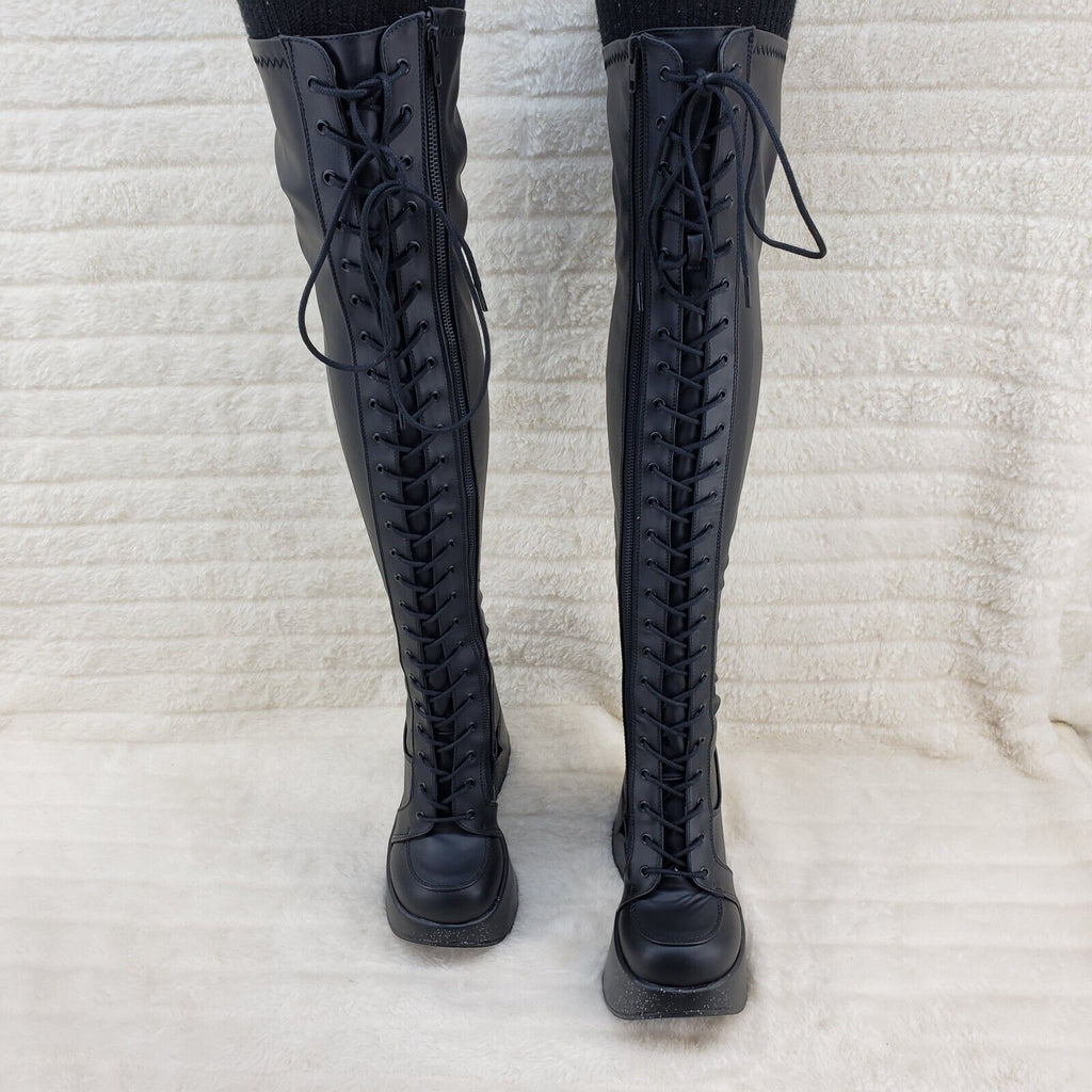 Dynamite 300 Platform 5" Star Heel Stretch Goth Punk Thigh Boots Black Matte NY - Totally Wicked Footwear