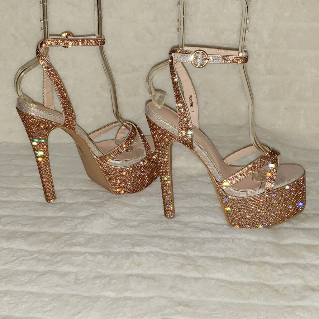 Bejeweled Pioneer Rose Gold Sparkling Rhinestone Platform 6.5" Heels Shoes - Totally Wicked Footwear