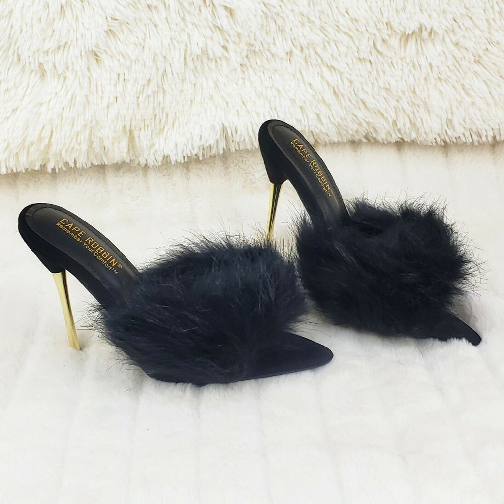 Fuji Furry Pointy Toe Slip On 4.5" Gold Tone Slim Heels Black - Totally Wicked Footwear