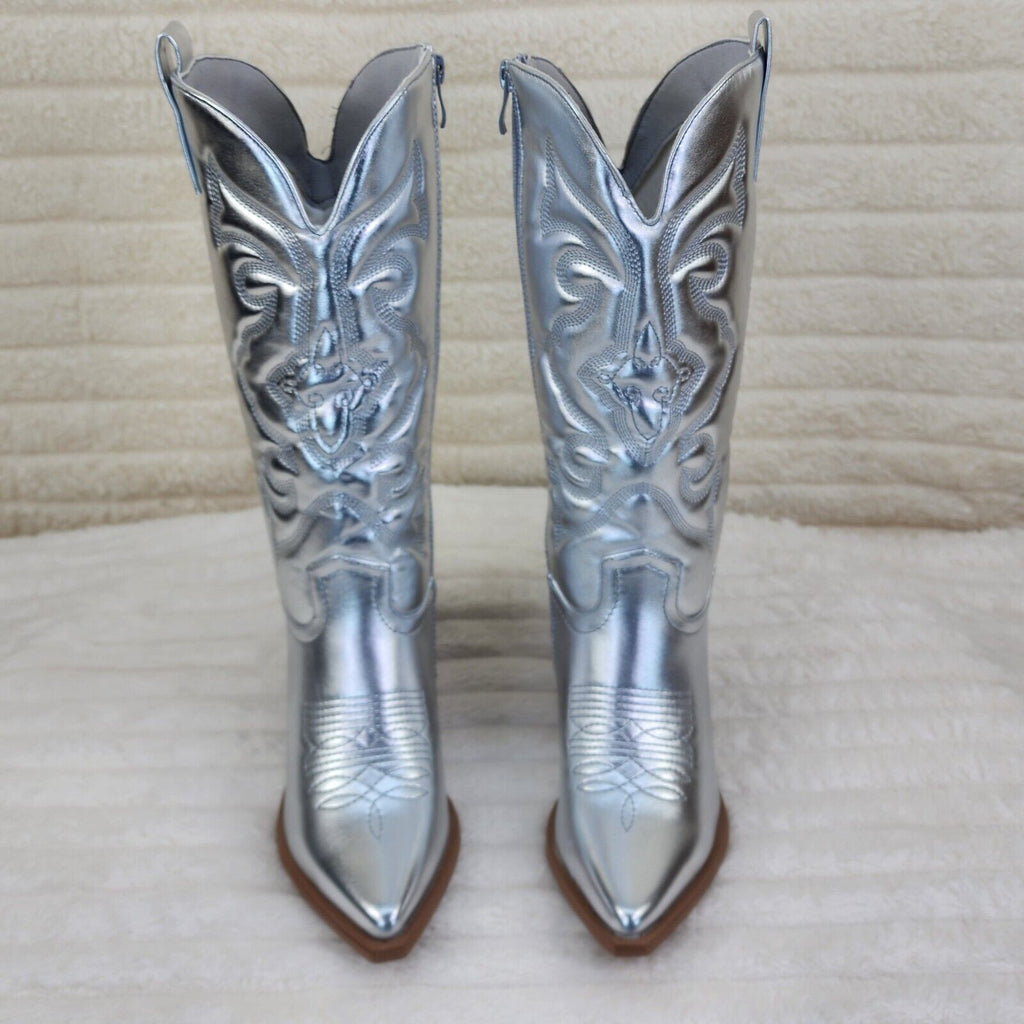 Disco Cowgirl Metallic Silver Cowboy Knee Boots Western Block Heels US Sizes - Totally Wicked Footwear