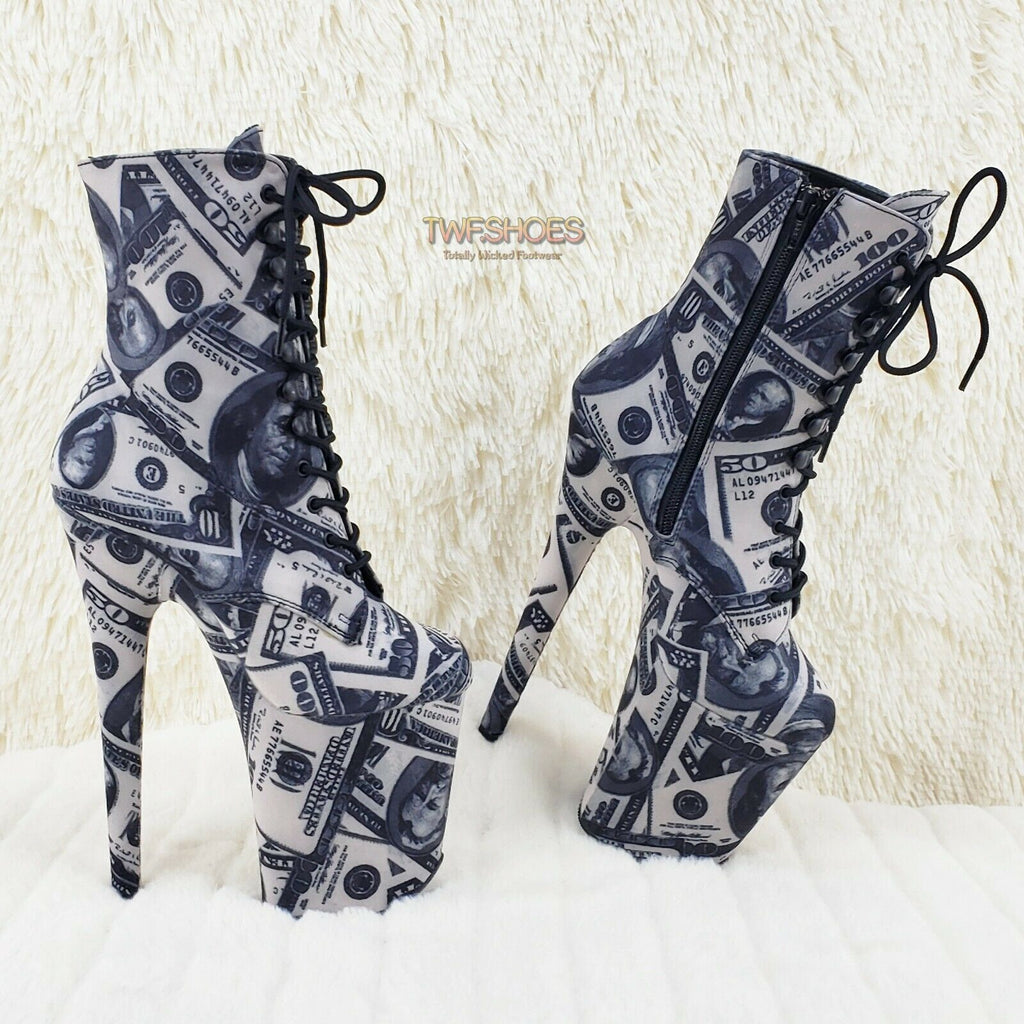 Flamingo 1020DP Money Print Platform 8" High Heel Lace Up Ankle Boots 6-12 NY - Totally Wicked Footwear