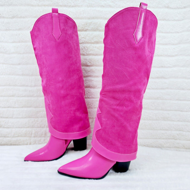 Branded Fuchsia Pink Skirted Fold Over Western Knee High Cowgirl Boots - Totally Wicked Footwear