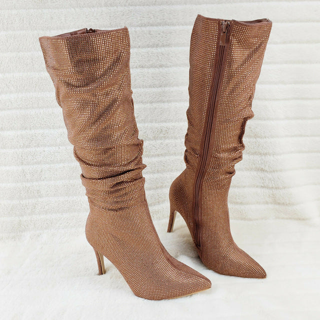 Sparkle Trend Brown Rhinestone Slouchy Scrunch High Heel Knee Boots - Totally Wicked Footwear