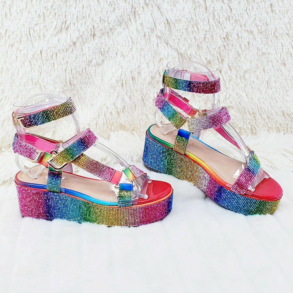 2" Flatform Harness Strap Rainbow Rhinestone Sandals Comfy New Shoes Restocked - Totally Wicked Footwear