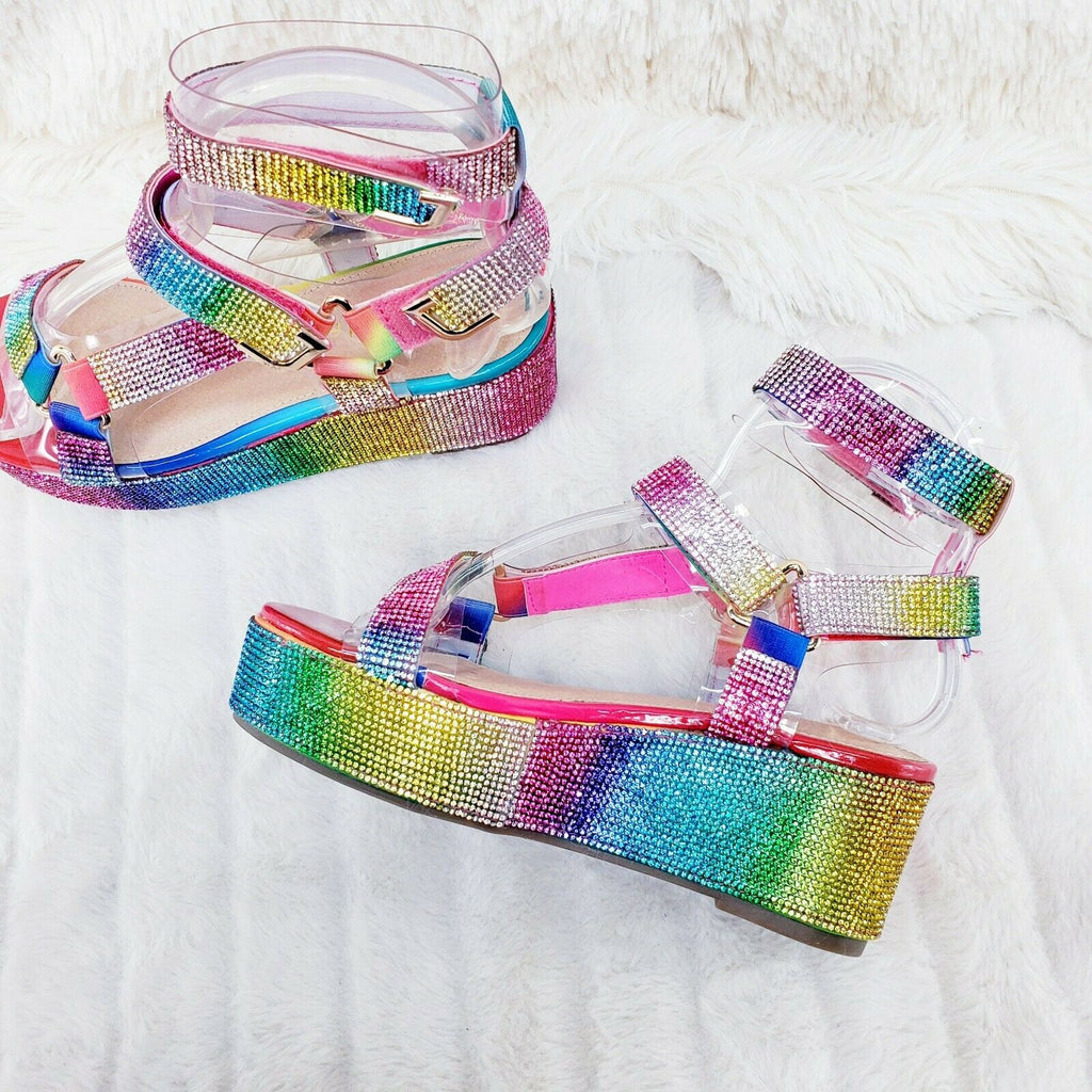 2" Flatform Harness Strap Rainbow Rhinestone Sandals Comfy New Shoes Restocked - Totally Wicked Footwear