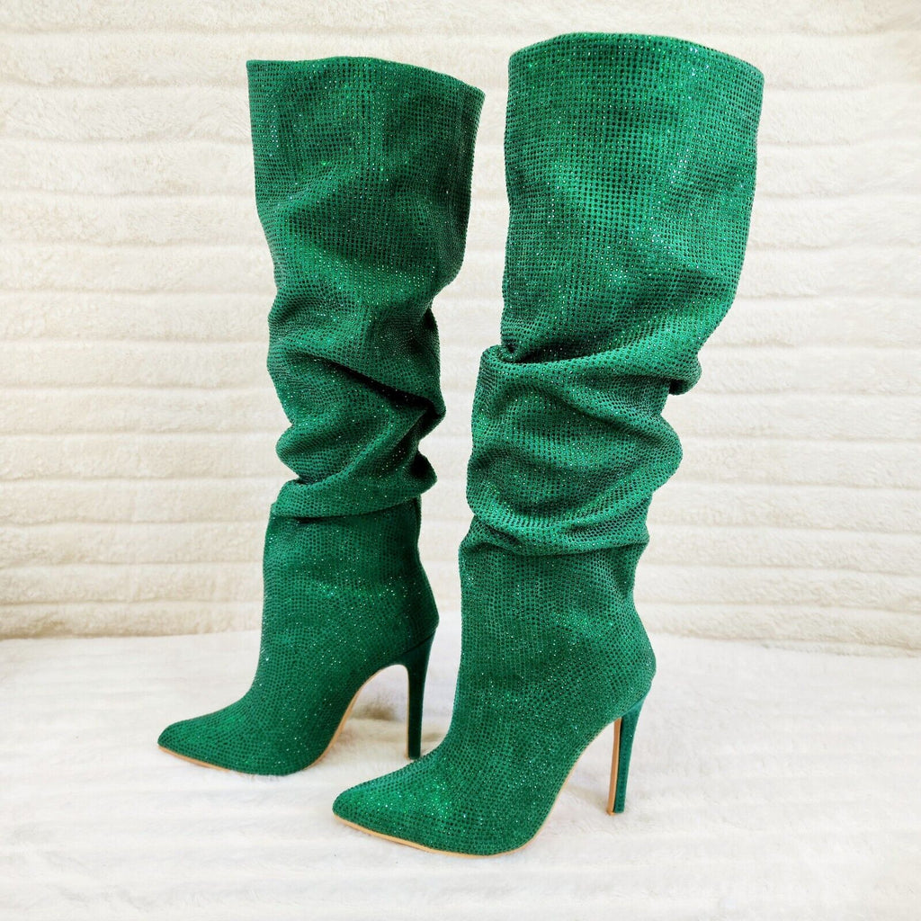 Radiant Emerald Green Rhinestone High Heel Slouch Knee High Boots - Totally Wicked Footwear
