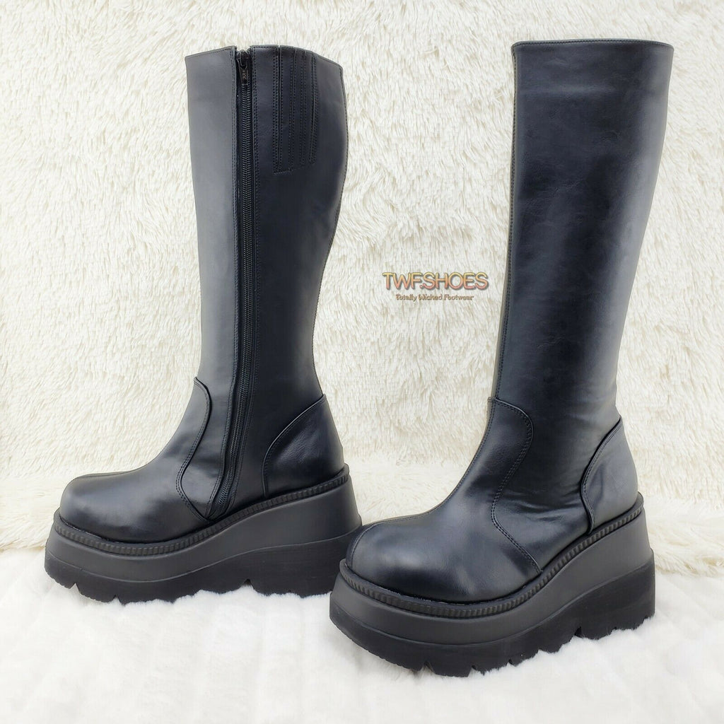 Demonia Shaker 100 Black Matte Platform 4.5" Wedge Heel Knee Boots NY - Totally Wicked Footwear