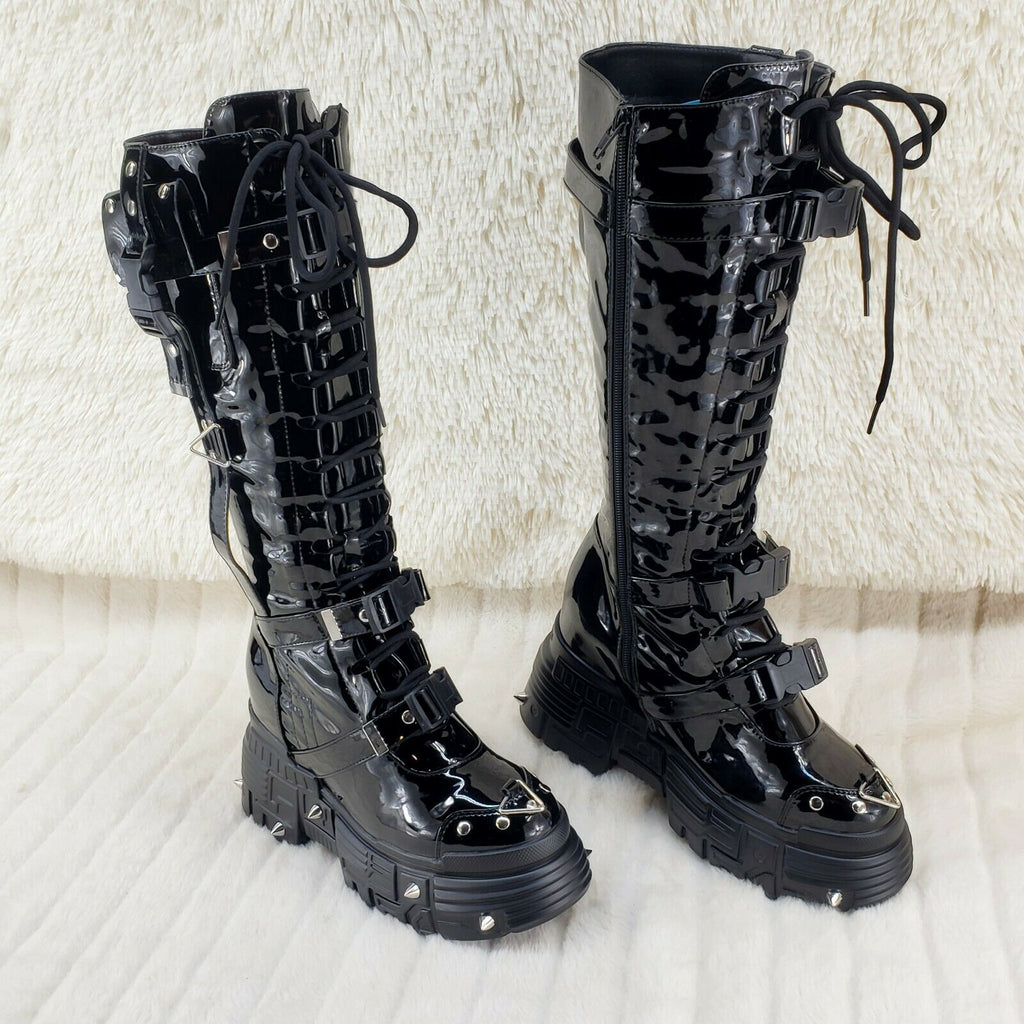 Wang Black Patent Punk Festival 2" Platform 4.5" Wedge Knee Boot Space Cookies - Totally Wicked Footwear