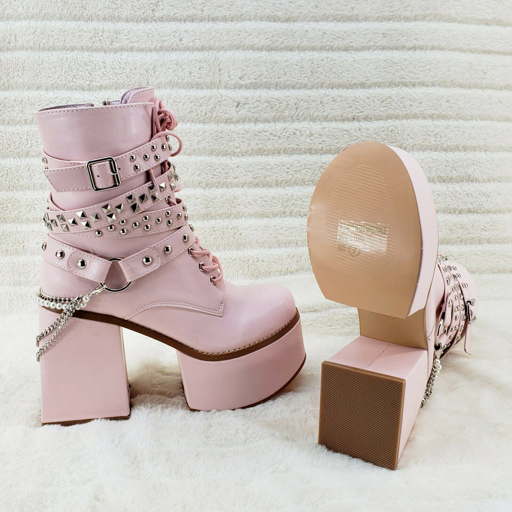 Ocho Baby Pink Ice Multipile Stud Strap Platform Chunky Block Heel Ankle Boots - Totally Wicked Footwear