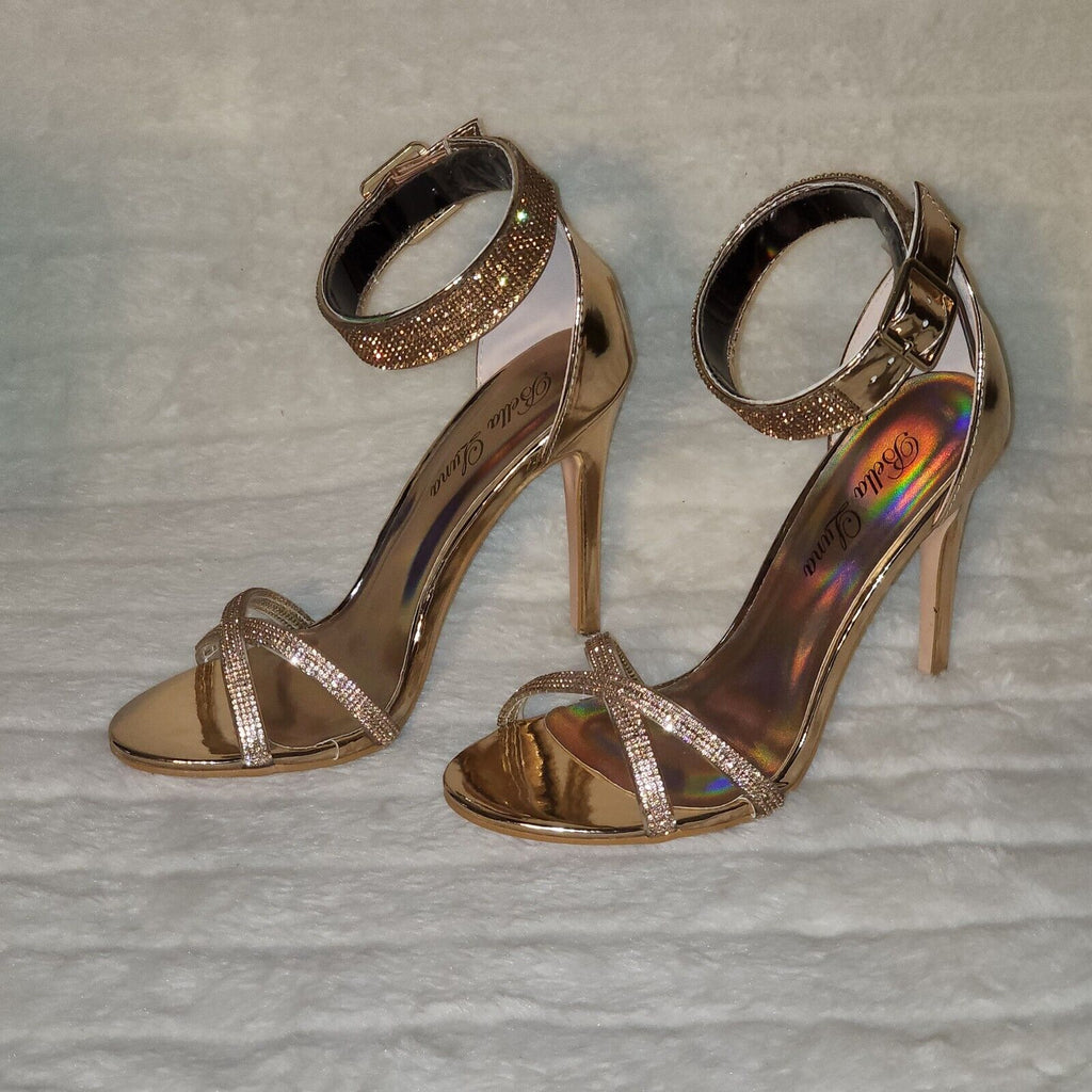 Fairy Gold High Heel Stiletto Shoes With Rhinestone Toe & Ankle Straps - Totally Wicked Footwear
