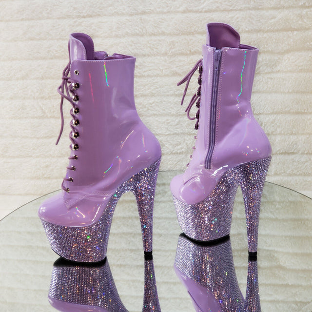 Bejeweled Lilac Rhinestone Platform Lace Up Ankle Boots 7" High Heels IN HOUSE - Totally Wicked Footwear