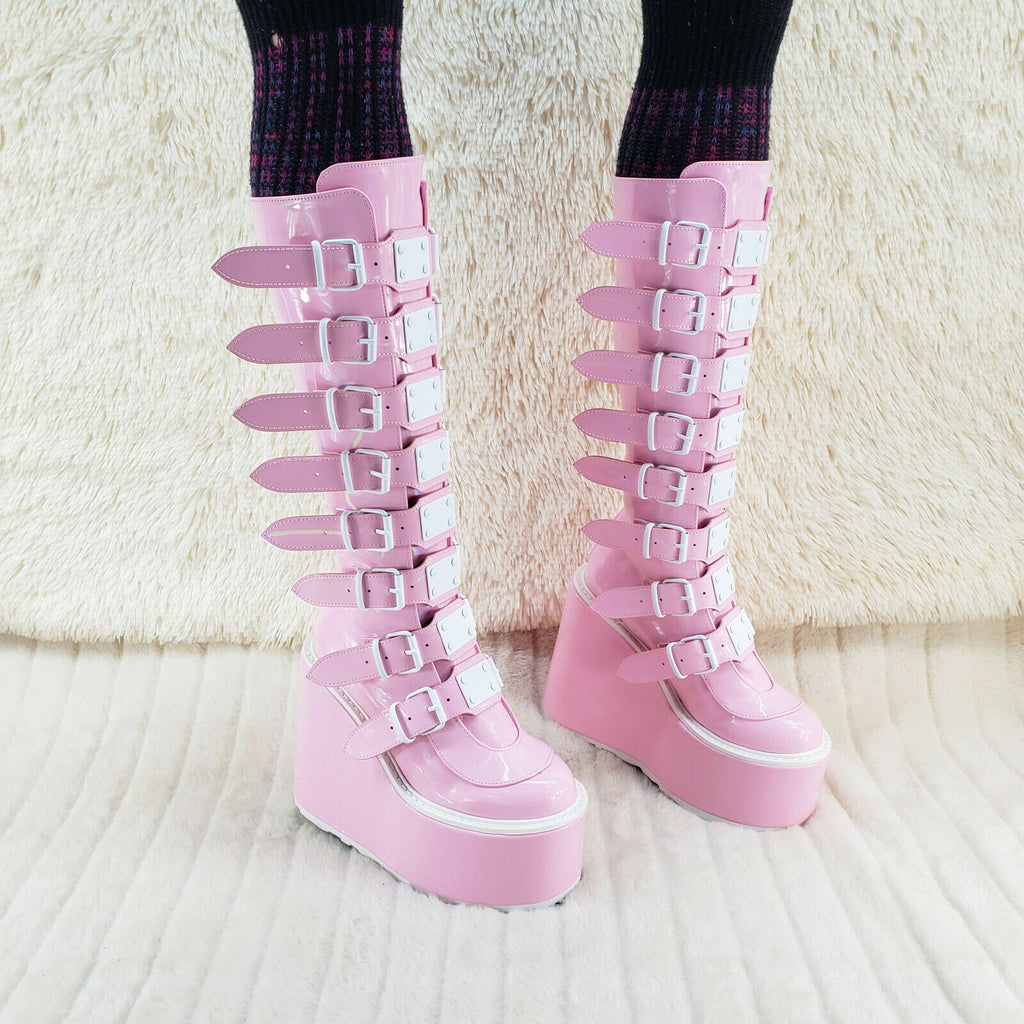 Trinity Swing 815 Pink Hologram Patent Goth Knee Boot 5.5" Platform In House NY - Totally Wicked Footwear