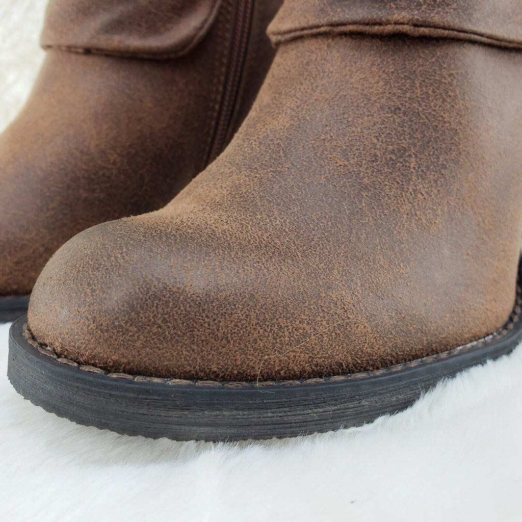 Brush Up Hobo Fold Over Boot Tan Distressed Look Block Heels - Totally Wicked Footwear