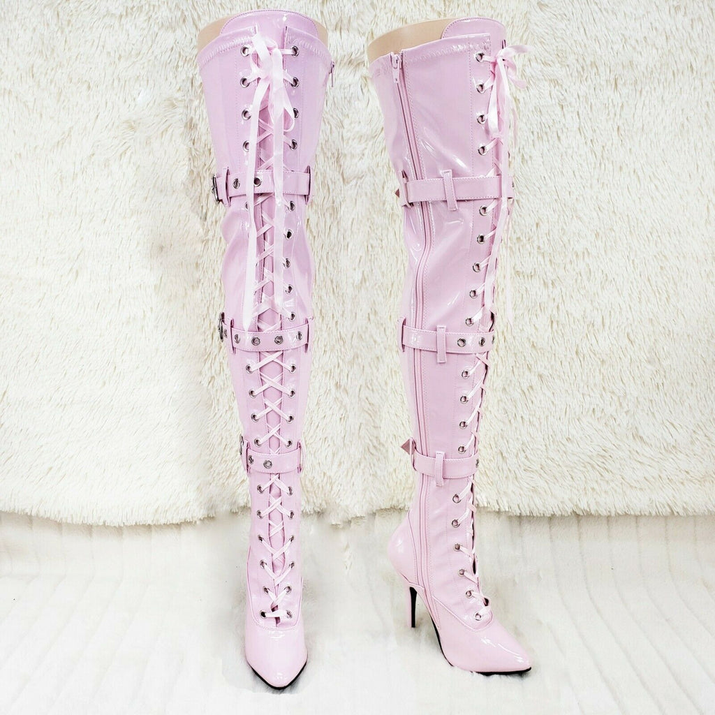 Seduce 3028 Baby Pink Lace Up Thigh High Boots 5" Stiletto Heel US Sizes NY - Totally Wicked Footwear