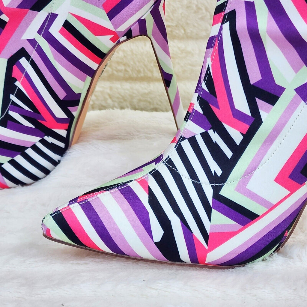 Odin Crazy Wild Color Pattern High Heel Stretch Fabric Ankle Boots - Purple Pink - Totally Wicked Footwear