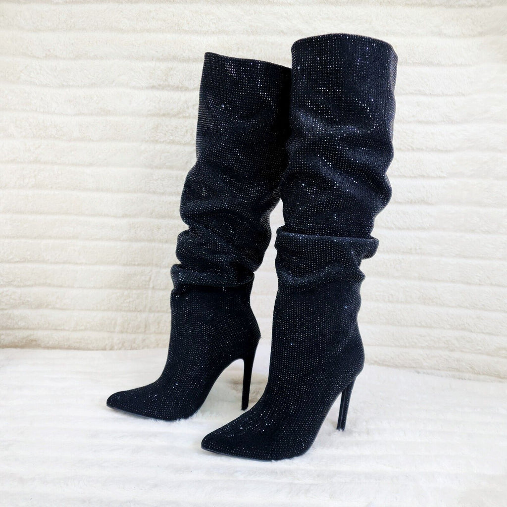 Radiant Black Rhinestone High Heel Stiletto Slouch Knee High Boots - Totally Wicked Footwear