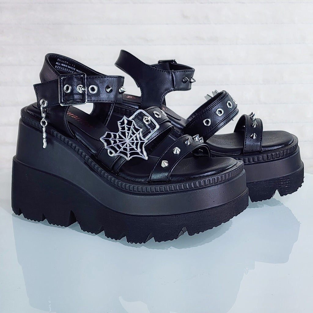 Shaker 13 Black Out Patent 4.5" Wedge Heel Gothic Sandals Studs And Charms NY - Totally Wicked Footwear