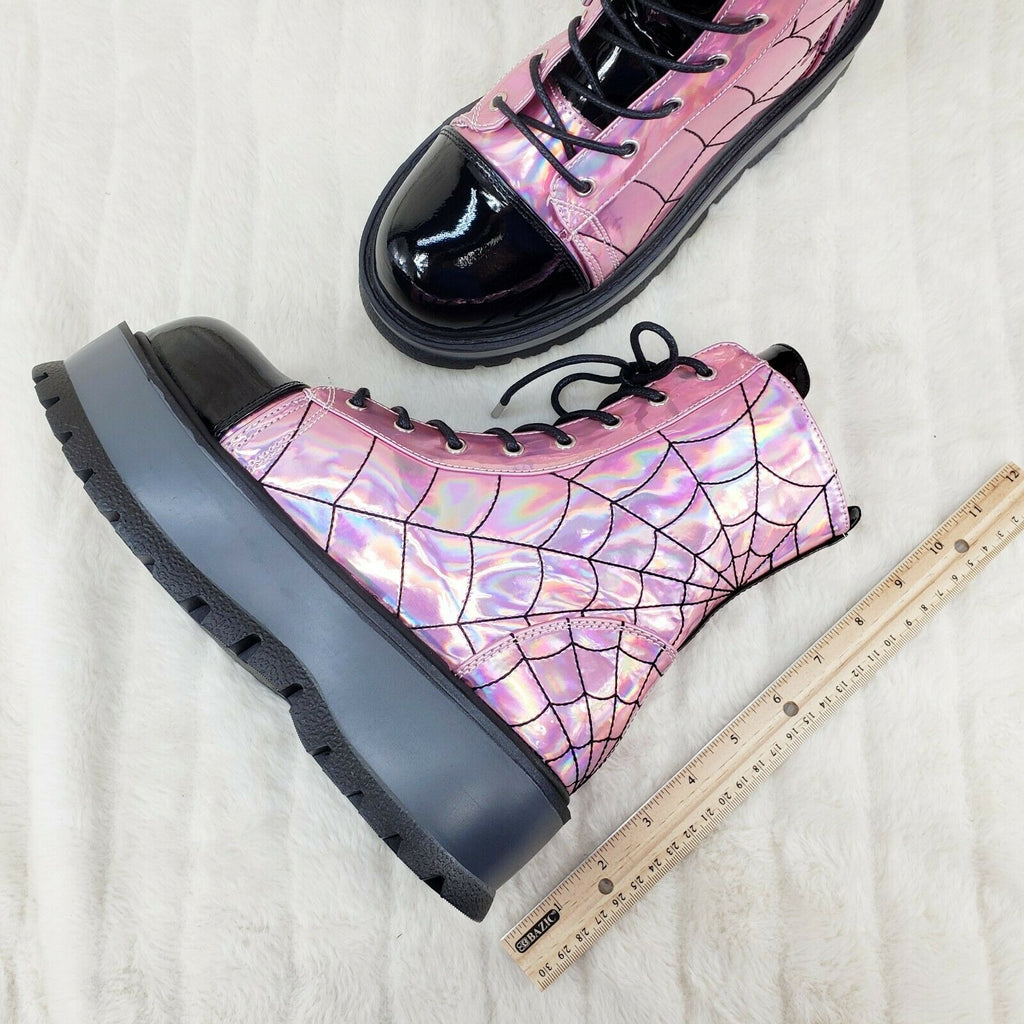 Slacker 88 Pink Hologram Spider Web Design Up Ankle Boots US 6-12 Goth NY - Totally Wicked Footwear