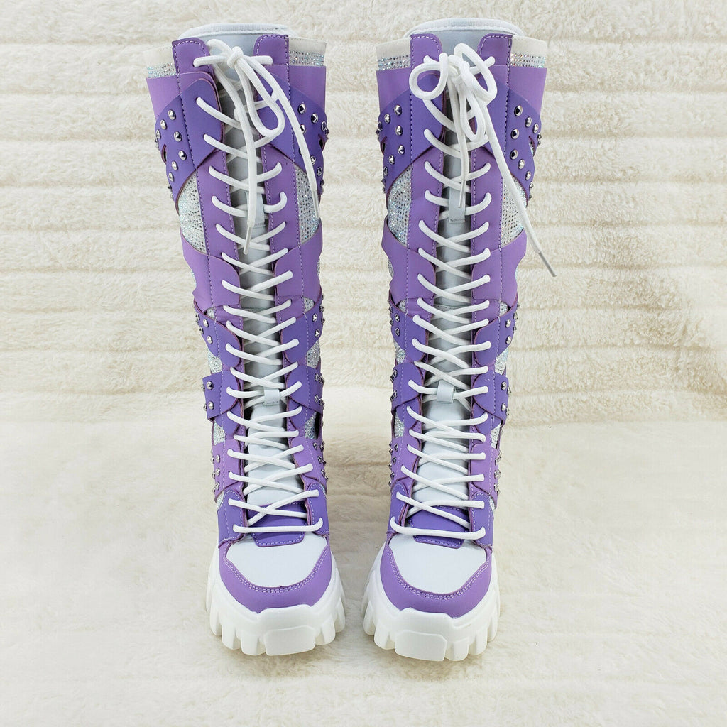Wang Limited Lilac Purple White Platform Sneaker Knee Boots Hidden Wedge Heels - Totally Wicked Footwear