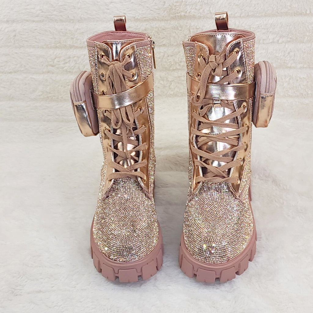 FIERCE FASHION Rose Gold Rhinestone Side Purse Pouch Combat Ankle boots - Totally Wicked Footwear