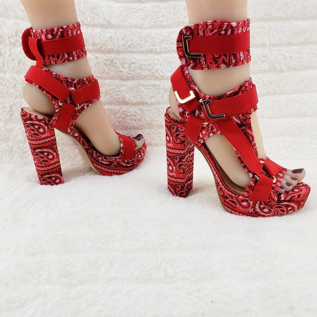 Red Bandanna  5.5" Chunky High Heel Harness Strap Shoe US Sizes 5.5-11 Bandana - Totally Wicked Footwear