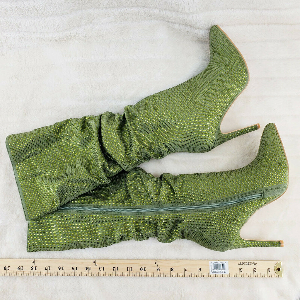 Sparkle Trend Green Rhinestone Slouchy Scrunch High Heel Knee Boots - Totally Wicked Footwear