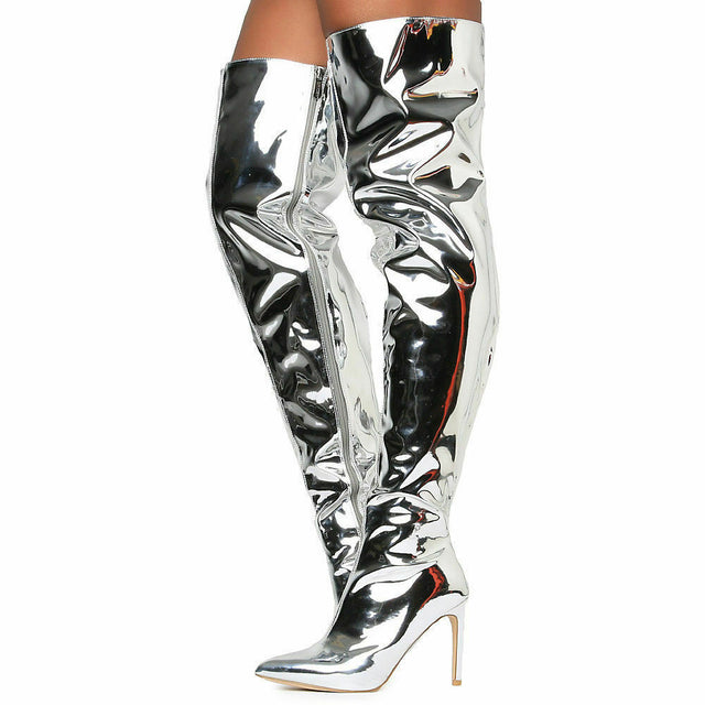 CR Silver Gloss Pointy Toe OTK Thigh Boot 4" High Heel US Size 6 - Totally Wicked Footwear
