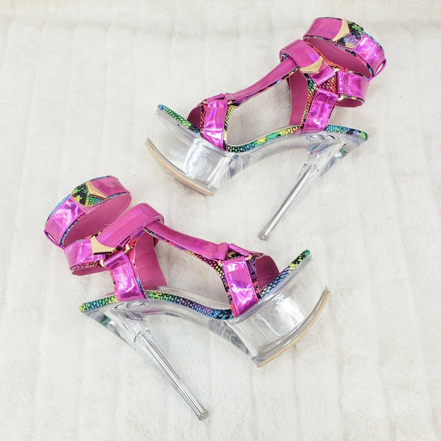 Xapala Fuchsia Hologram Harness Strap Clear Platform Shoes - Totally Wicked Footwear