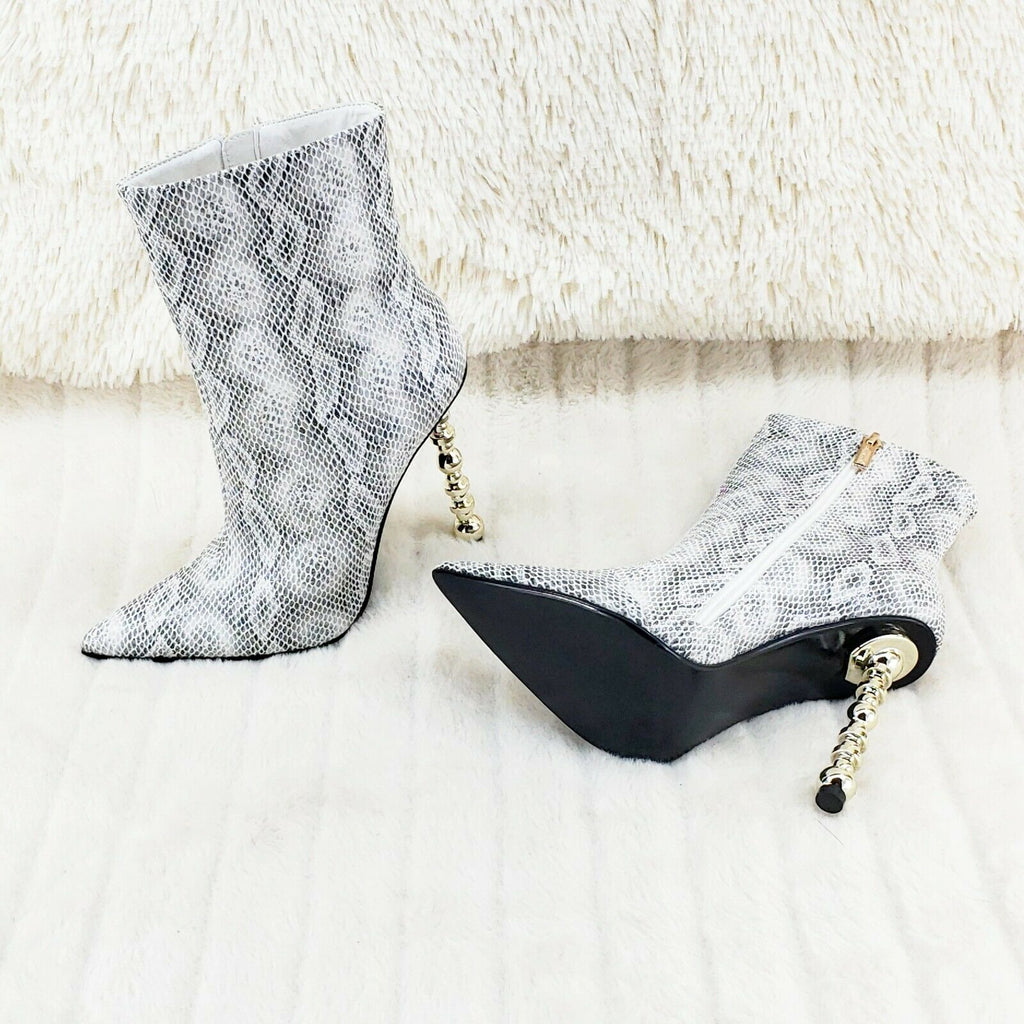 5" Geo Deco High Heel White Snake Print Pointy Toe Ankle Boots Shawna - Totally Wicked Footwear