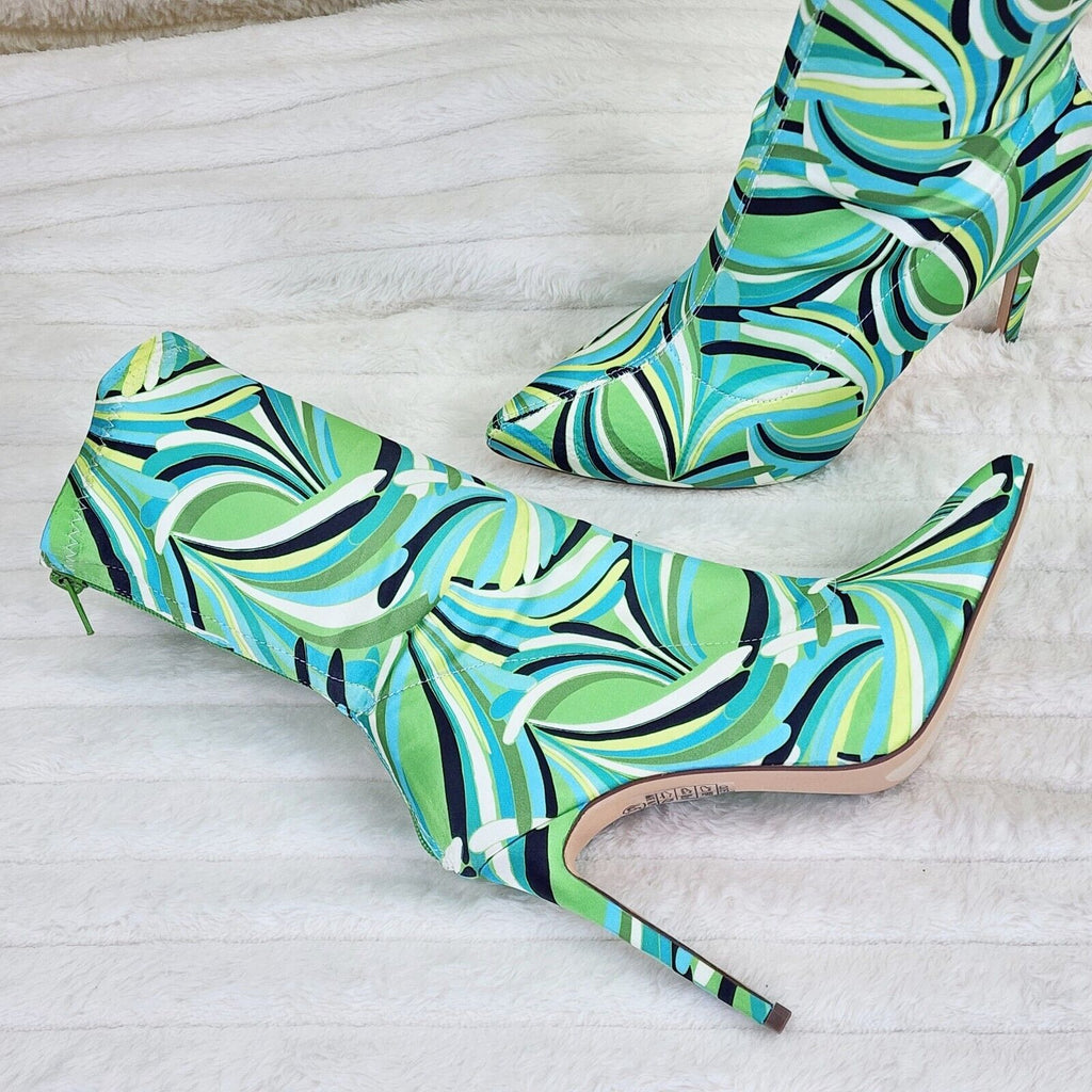 Odin Crazy Wild Color Pattern High Heel Stretch Fabric Ankle Boots - Green Blue - Totally Wicked Footwear