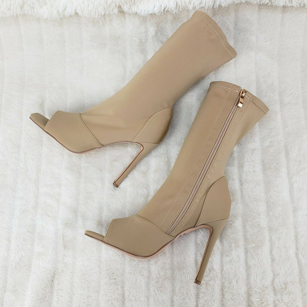 Victoria Nude Stretch Square Open Toe High Heel Ankle Boots - Totally Wicked Footwear