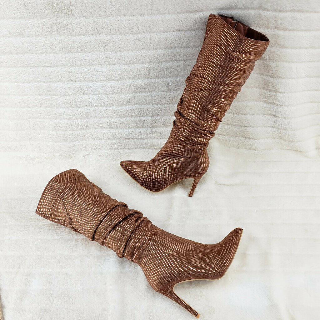 Sparkle Trend Brown Rhinestone Slouchy Scrunch High Heel Knee Boots - Totally Wicked Footwear
