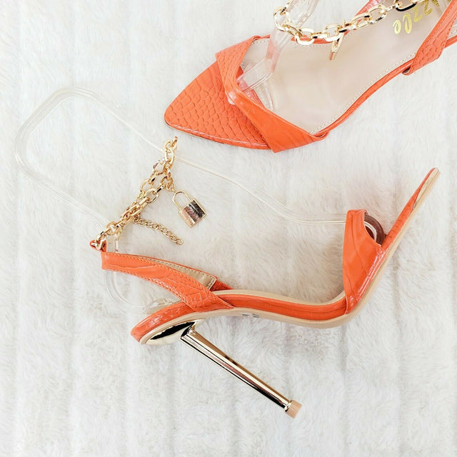 Nicely Pad Lock Chain Strap High Heels Metal Toe Tip Shoes Orange - Totally Wicked Footwear