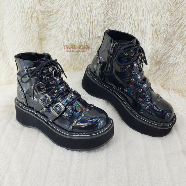 Demonia Emily 315 Black Holo Patent Heart Stud 2" Platform Ankle Boot Shoes NY - Totally Wicked Footwear