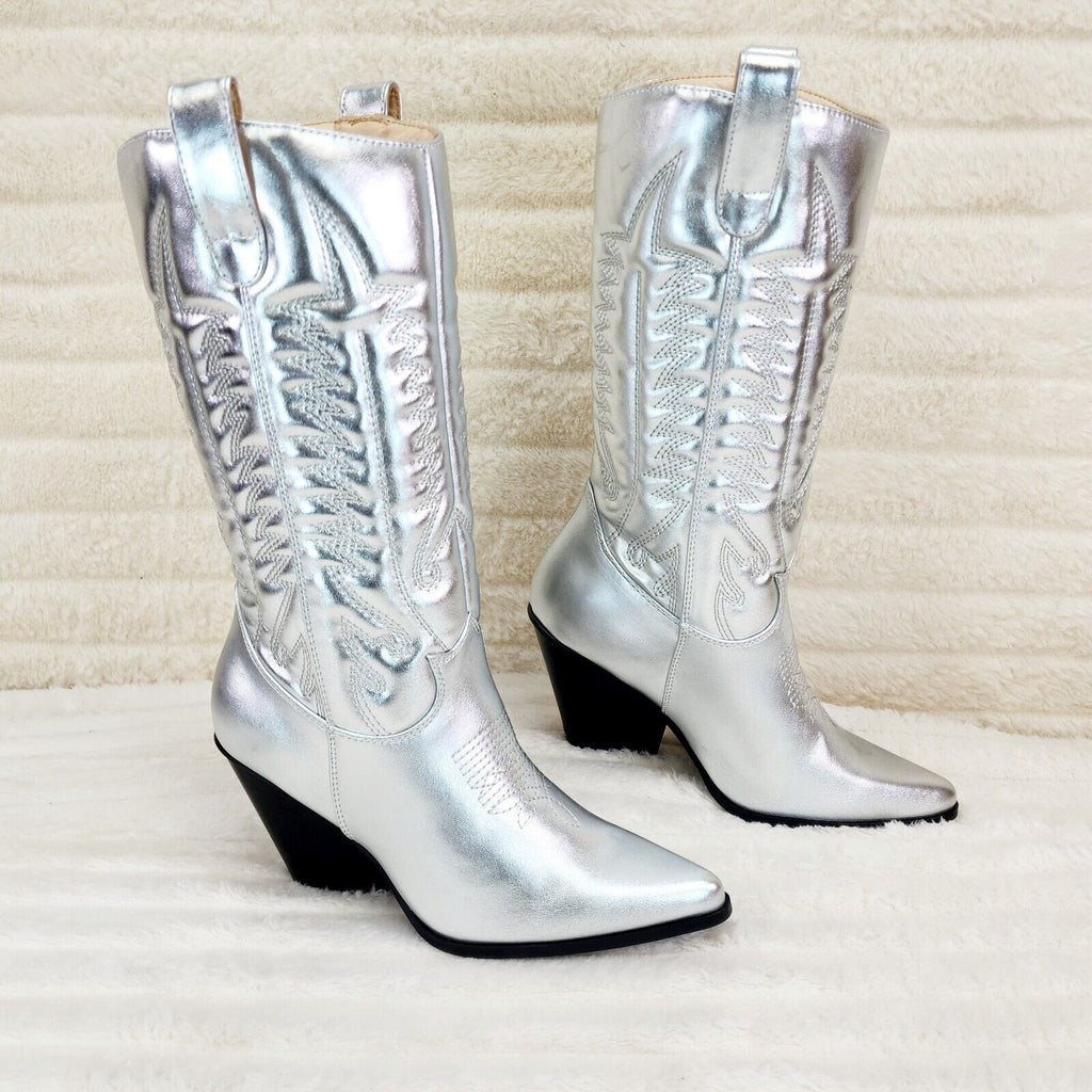 Disco Cowgirl Metallic Silver Cowboy Knee Boots Western Block Heels US Sizes - Totally Wicked Footwear