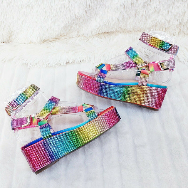 2" Flatform Harness Strap Rainbow Rhinestone Sandals Comfy New Shoes Restocked - Totally Wicked Footwear