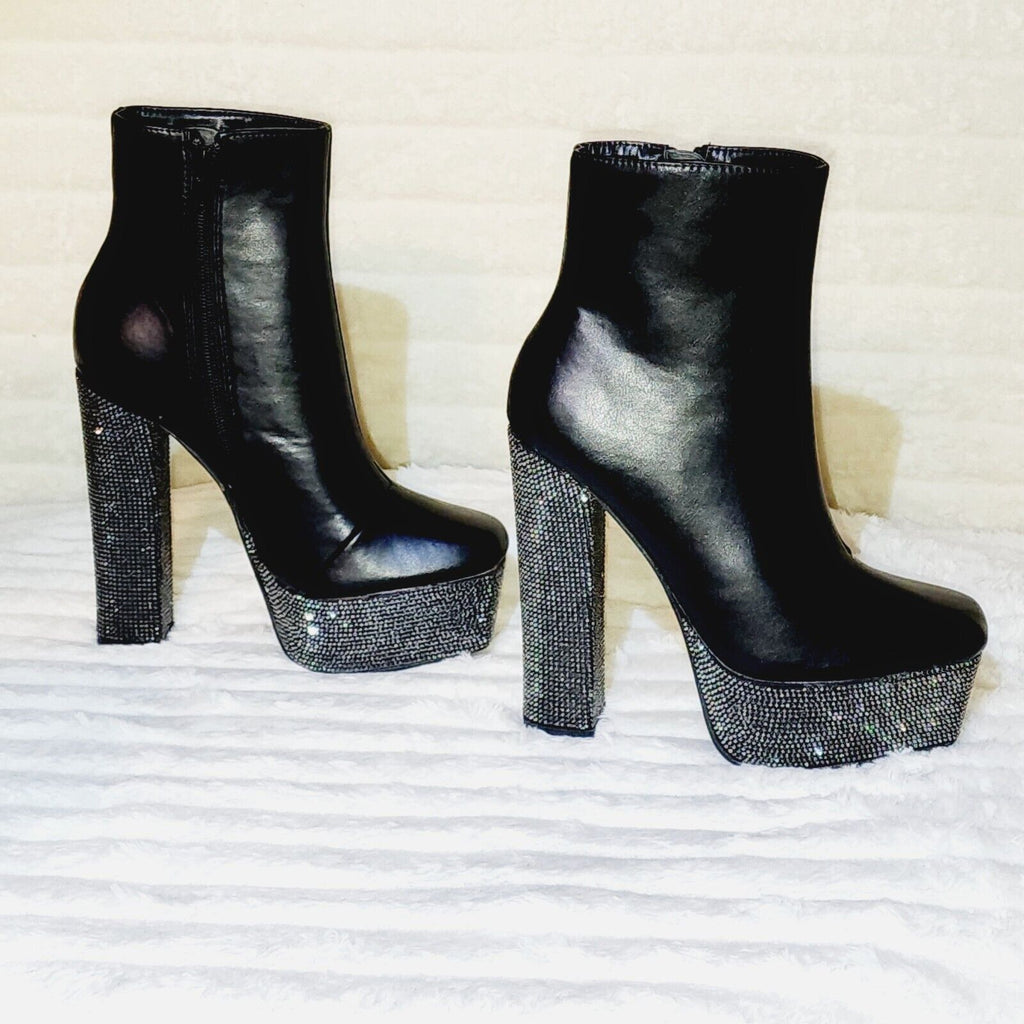 Nikki BLack Leatherette Rhinestone Platform Chunky Heel Ankle Boots - Totally Wicked Footwear
