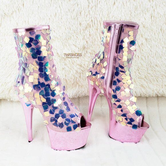 Delight 1031SQ Pink Opal Sequin Ankle Boot 7" High Heel Shoe Sizes 11 & 12 NY - Totally Wicked Footwear