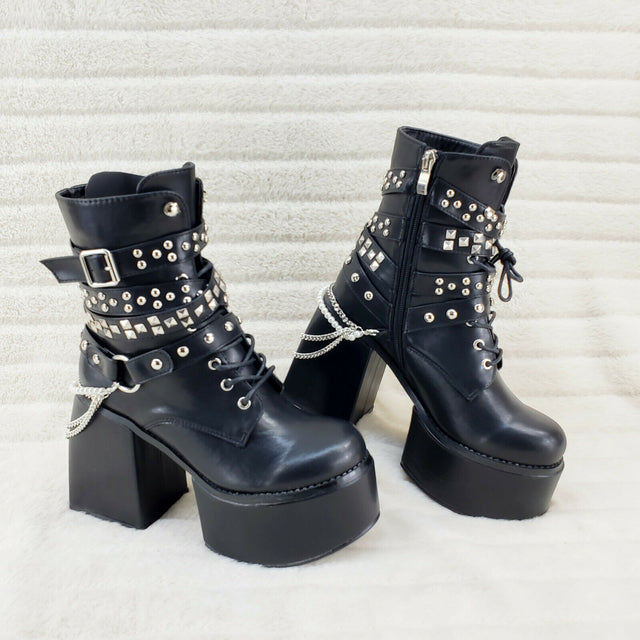 Ocho Black Ice Multipile Strap Platform Chunky Block Heel Ankle Boots - Totally Wicked Footwear