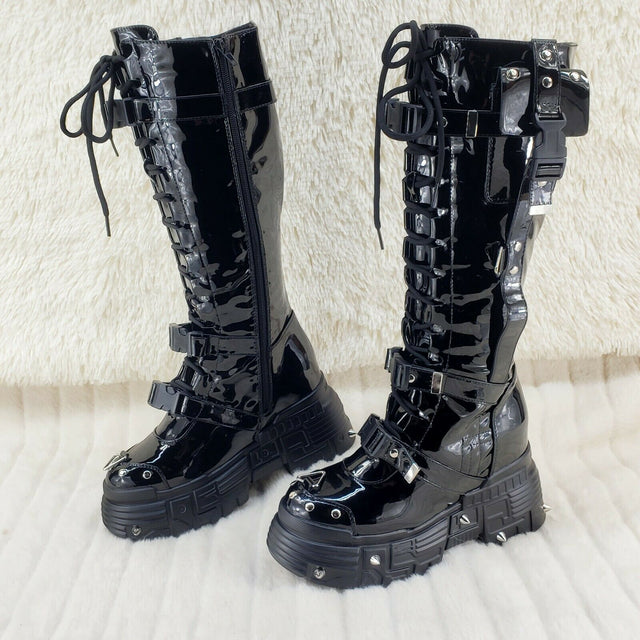 Wang Black Patent Punk Festival 2" Platform 4.5" Wedge Knee Boot Space Cookies - Totally Wicked Footwear