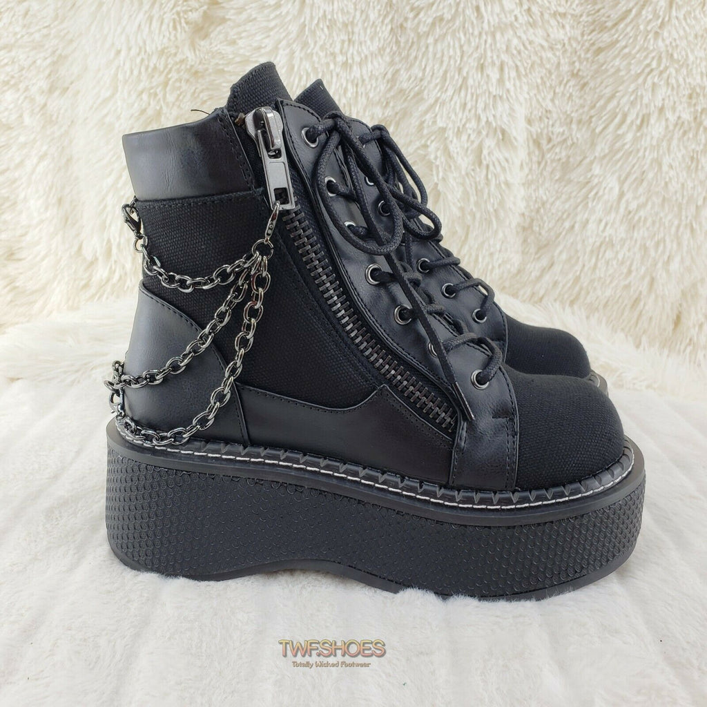 Demonia Emily 114 Black Canvas Chain 2" Platform Punk Goth Ankle Boots NY - Totally Wicked Footwear