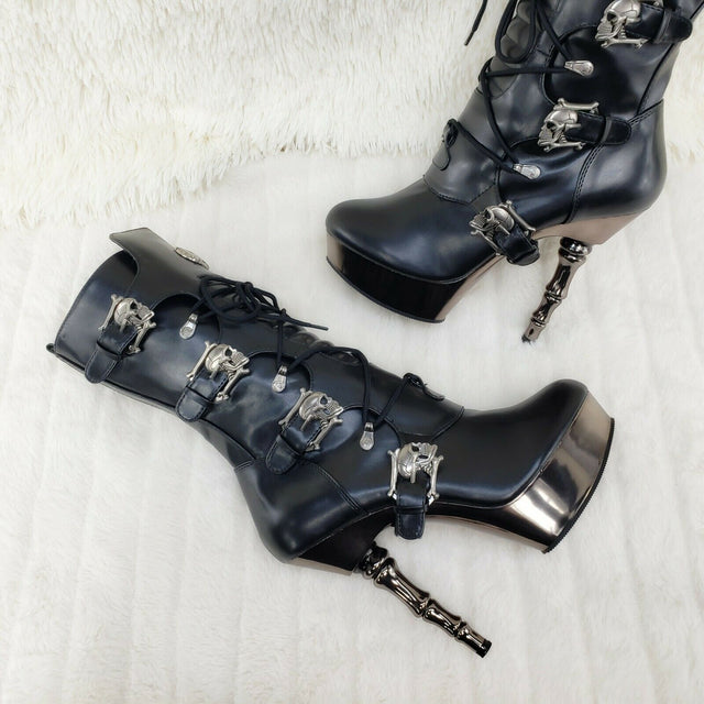 Muerto 1026 Bone High Heel Platform Skull Buckle Biker Ankle Boots Black NY - Totally Wicked Footwear